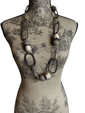 VTG CHICOS Black Silver Tone Link Necklace Chunky Beaded Statement Jewelry 32 in